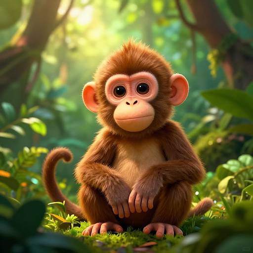 CGI image of an adorable, cute brown baby monkey with large, round eyes, sitting in a lush, sunlit jungle.