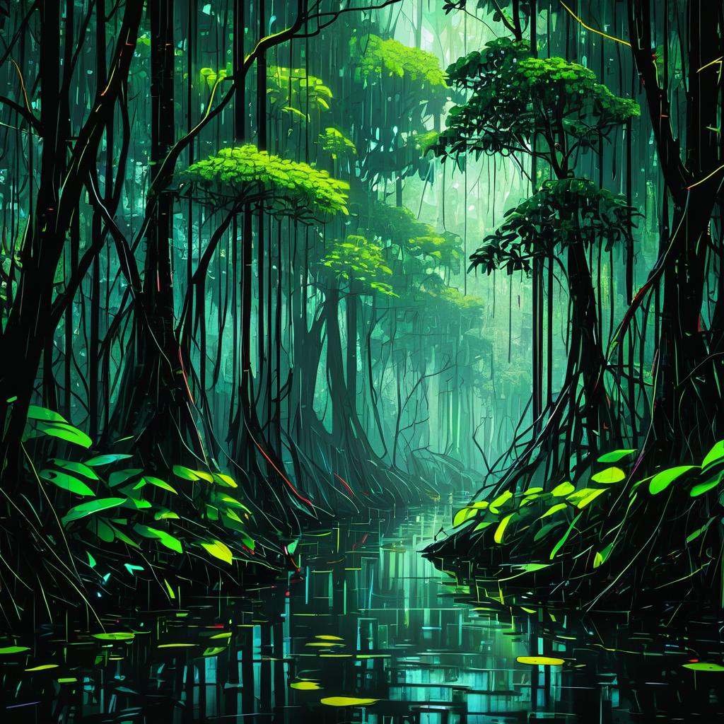 Futuristic Mangrove Swamp in Neon Rain