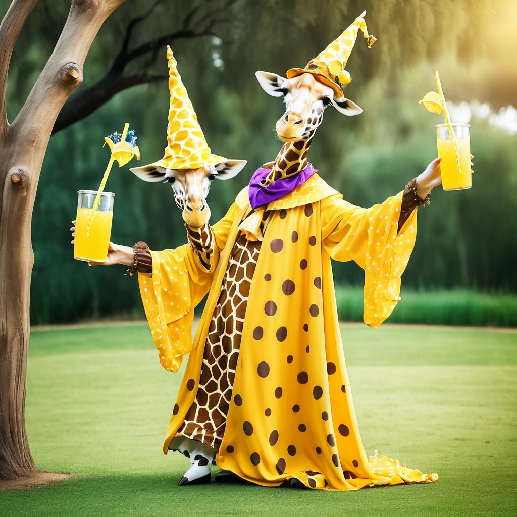 Whimsical Wizard Giraffe Enjoying Lemonade