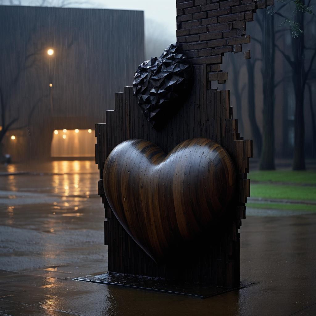 Wooden Heart and Crumbling Statue in Rain