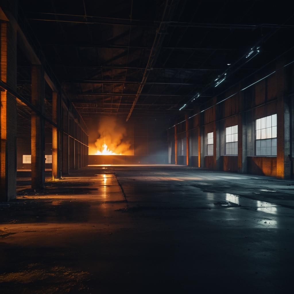 Burning Warehouse in Dim Light