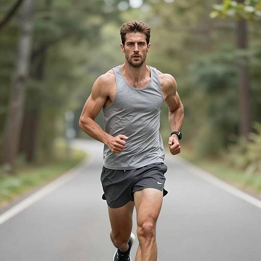 Muscular Man Running in Forest