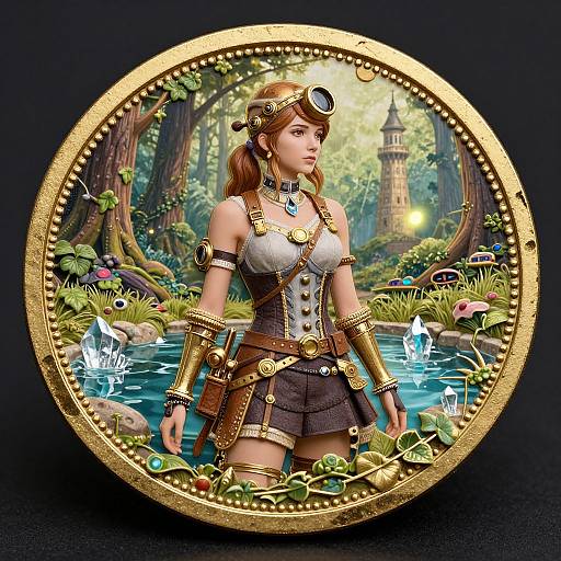 Digital fantasy illustration of a steampunk adventurer with goggles, brown hair, and gold armor, standing in a magical forest pond.