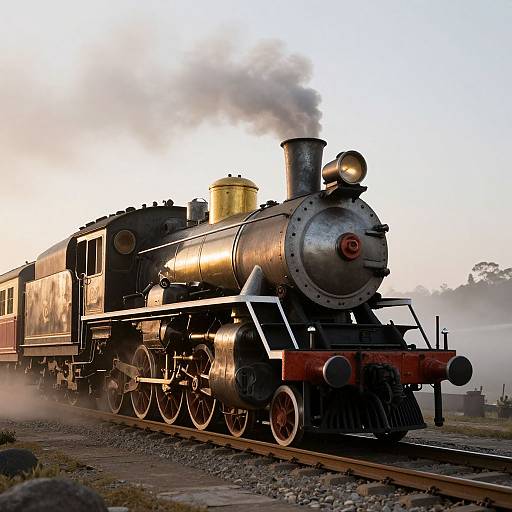 Photograph of a vintage black steam locomotive with red accents, billowing white smoke, on railroad tracks at sunset.