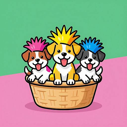 Colorful Puppies in Woven Basket Graphic