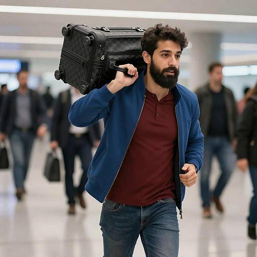 Bearded Man Running Through Busy Airport