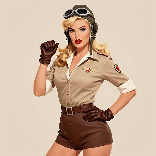 Digital illustration of a blonde, fair-skinned woman in vintage aviator gear: beige shirt, brown shorts, gloves, goggles on head, red lips