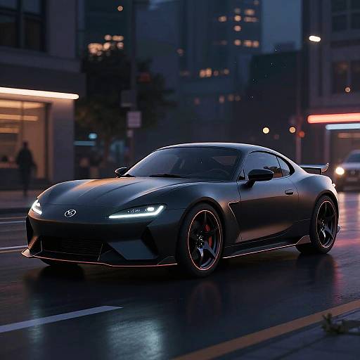 Photograph of a sleek, black Hyundai Veloster N with glowing blue headlights driving on a wet, city street at night, illuminated by neon lights and