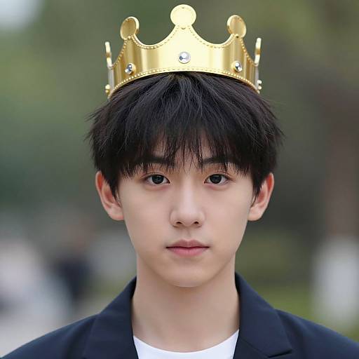 Photograph of an East Asian young man with straight black hair, wearing a gold crown and black coat, against a blurred green outdoor background.