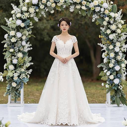 Bride in Lace Wedding Dress Under Floral Arch