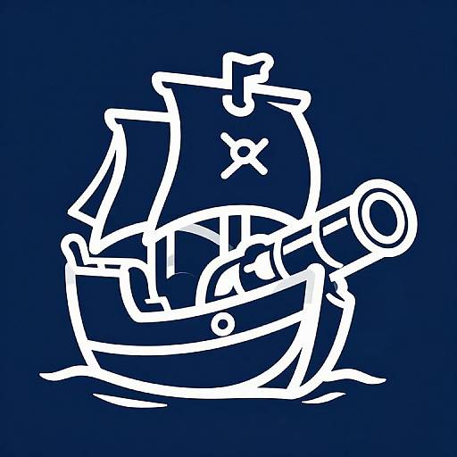 White line drawing of a stylized ship with an 
