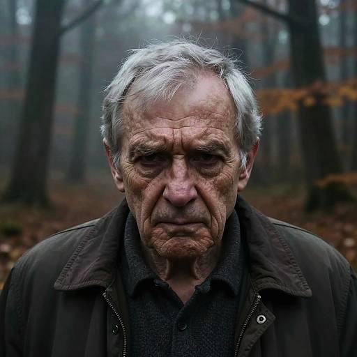 Photograph of an elderly man with white hair, deep wrinkles, and a somber expression, wearing a dark jacket, in a foggy forest.