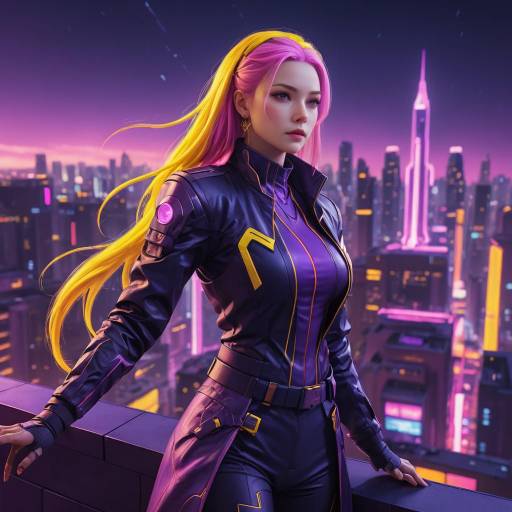 Futuristic woman with pink and yellow hair in neon city