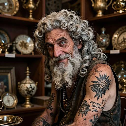 Photograph of an elderly white man with curly white hair and beard, tattooed arms, wearing a dark sleeveless shirt, sitting in a cluttered