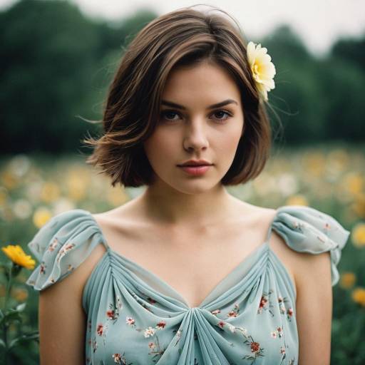 Young Woman in Chiffon Dress with Flower in Hair