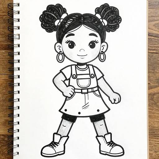 Black and White Ink Drawing of Girl with Pigtails
