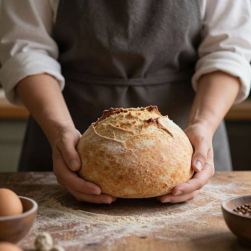 Photograph of a person's hands holding a crusty, round loaf of bread on a wooden table, wearing a white shirt and dark apron.