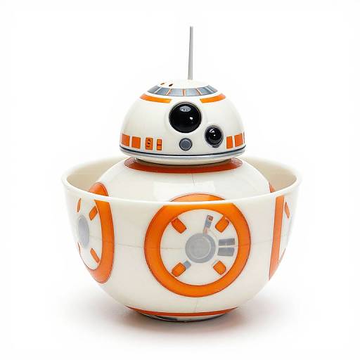 Photograph of a white and orange, three-tiered, spherical LEGO C-3PO-inspired robot with black eyes and orange accents against a white background