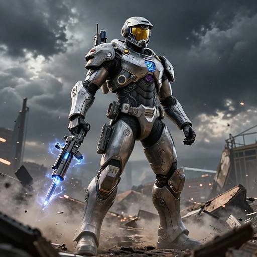 Photorealistic CGI of a futuristic, armored soldier with glowing blue energy sword, standing amidst a war-torn, smoke-filled urban battlefield.