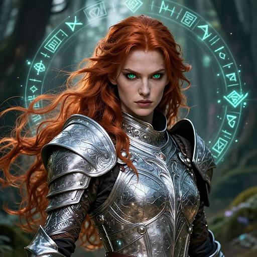 Digital artwork of a fierce, red-haired woman with glowing green eyes, wearing ornate silver armor, standing in a mystical forest. Glowing runes circle