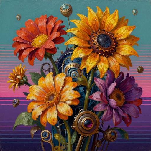 Digital artwork of vibrant sunflowers with red, orange, and purple petals, surrounded by steampunk gears and beads, against a gradient pink-to-blue