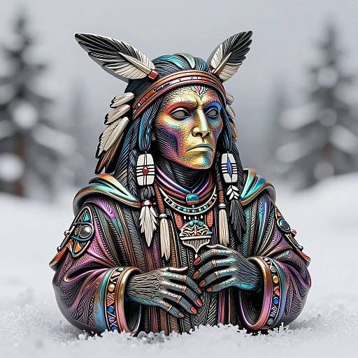 Digital artwork of a Native American warrior in vibrant, multicolored traditional attire with feathered headpiece, standing in snowy forest.