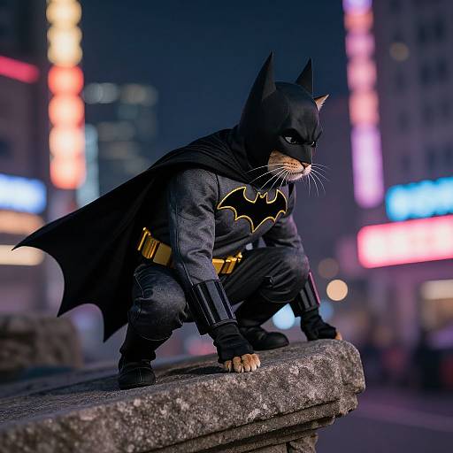 Photograph of a cat dressed as Batman, crouching on a stone ledge at night, with colorful neon lights in the blurred background.