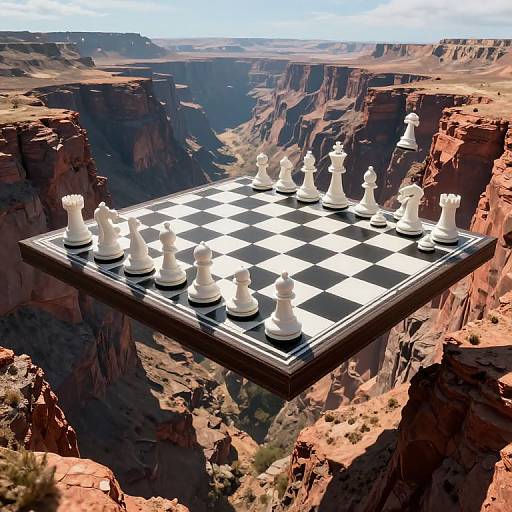 Surreal Chessboard Over Canyon