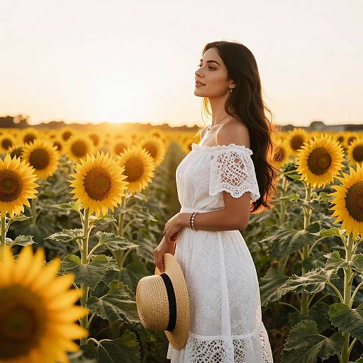 Photograph of a Latina woman with long dark hair, wearing an off-shoulder white lace dress, holding a straw hat, standing in a sun