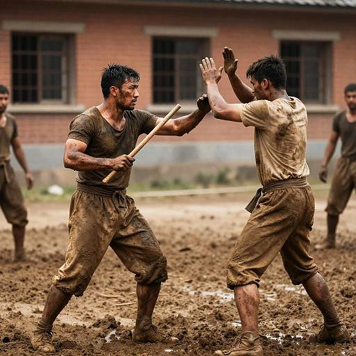 Two Men Fighting in Muddy Arena with Wooden Stick
