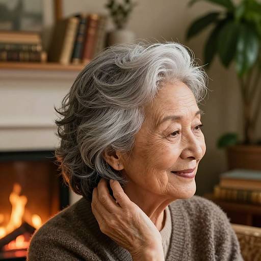 Photograph of an elderly Asian woman with short, gray hair, wearing a brown sweater, smiling, touching her neck, in a cozy living room with