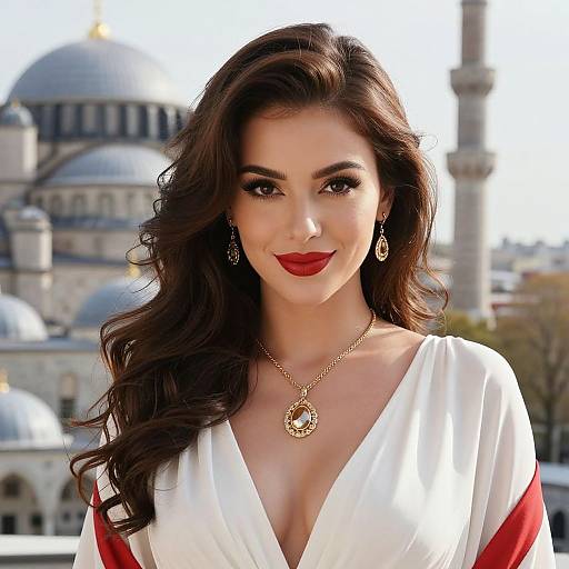Photograph of a beautiful woman with long, wavy brown hair, red lipstick, and a white dress with red sleeves, wearing gold jewelry, standing