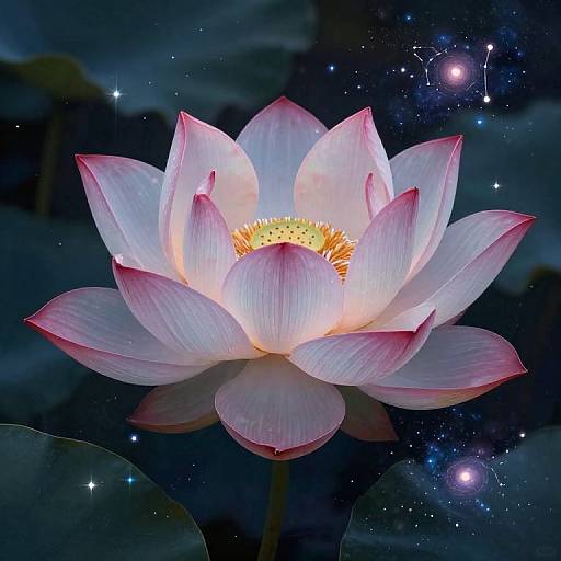 Photograph of a glowing white and pink lotus flower with a yellow center, illuminated against a dark, starry night sky.