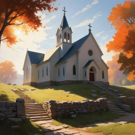 Autumn Church with Stone Steps