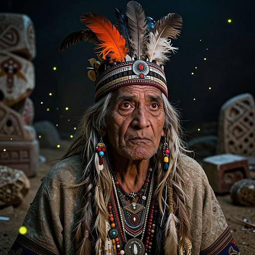 Photograph of an elderly Native American man with long gray hair, wearing a feathered headdress, colorful bead necklaces, and traditional attire, against