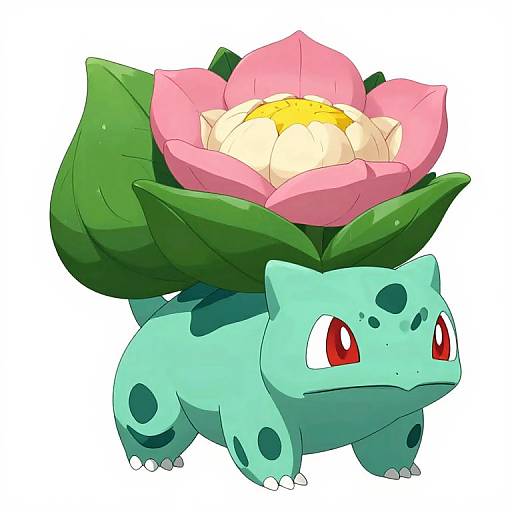 Digital illustration of Bulbasaur with a large pink lotus flower and green leaves on its back, vibrant colors, anime style.