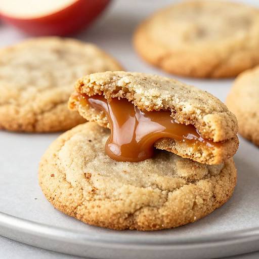 Close-up photograph of a crumbly, golden-brown cookie with a gooey, caramel filling, stacked on a white plate with blurred background cookies