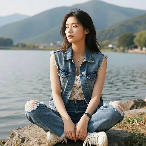 Young Woman Sitting by Lake in Denim Outfit