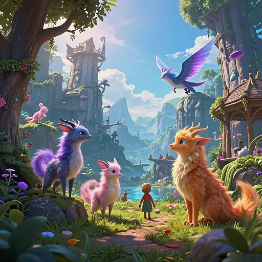 Fantastical digital artwork of a whimsical forest with colorful, fluffy creatures, a child, and a flying blue bird, surrounded by enchanted, towering