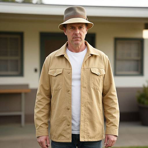 Photograph of a middle-aged white man with a serious expression, wearing a beige jacket, white t-shirt, and gray fedora, standing in front