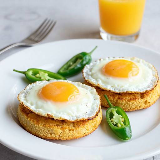 Photograph of two sunny-side-up eggs on toasted bread, garnished with green jalapeño slices, on a white plate, with a glass of