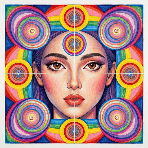 Vibrant, psychedelic digital artwork of a fair-skinned woman with purple hair, surrounded by colorful, concentric circles on a blue background.