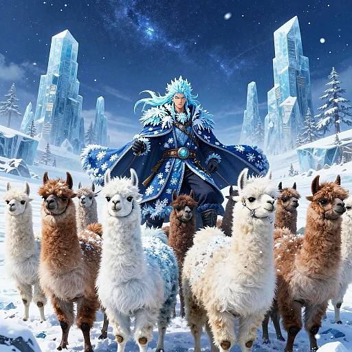 Digital artwork of a blue, snowflake-embellished, fantasy figure in icy robes, standing behind six alpacas with fluffy white and brown