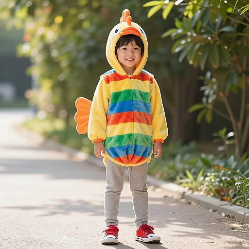 Boy Wearing Rainbow Fish Costume Outdoors