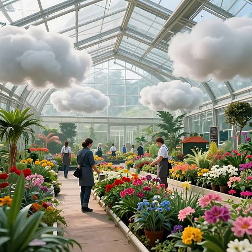 Photograph of a vibrant greenhouse with a glass roof, colorful flower beds, several people in casual clothing, and large white cloud-shaped lights.