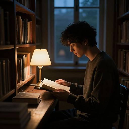 Photograph of a young man with curly hair, wearing a dark sweater, reading a book in a dimly lit library at dusk, illuminated by a
