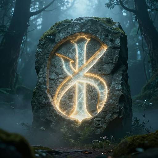 Mystical forest stone tomb with glowing, ancient rune symbol illuminated by ethereal light; surrounded by mist and dense trees.