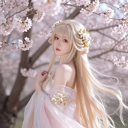 Digital artwork of a pale-skinned, blonde anime woman with long hair, wearing a white, off-shoulder dress, surrounded by blooming cherry