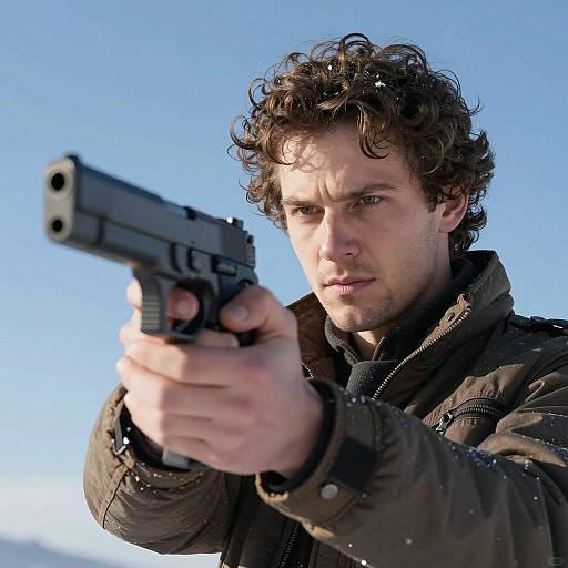 Man Aiming Handgun in Winter