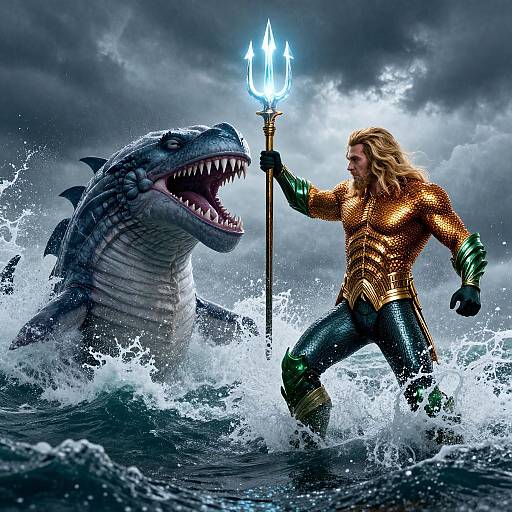 Digital fantasy artwork: muscular man with golden armor and trident battles massive shark in turbulent, stormy ocean waters.